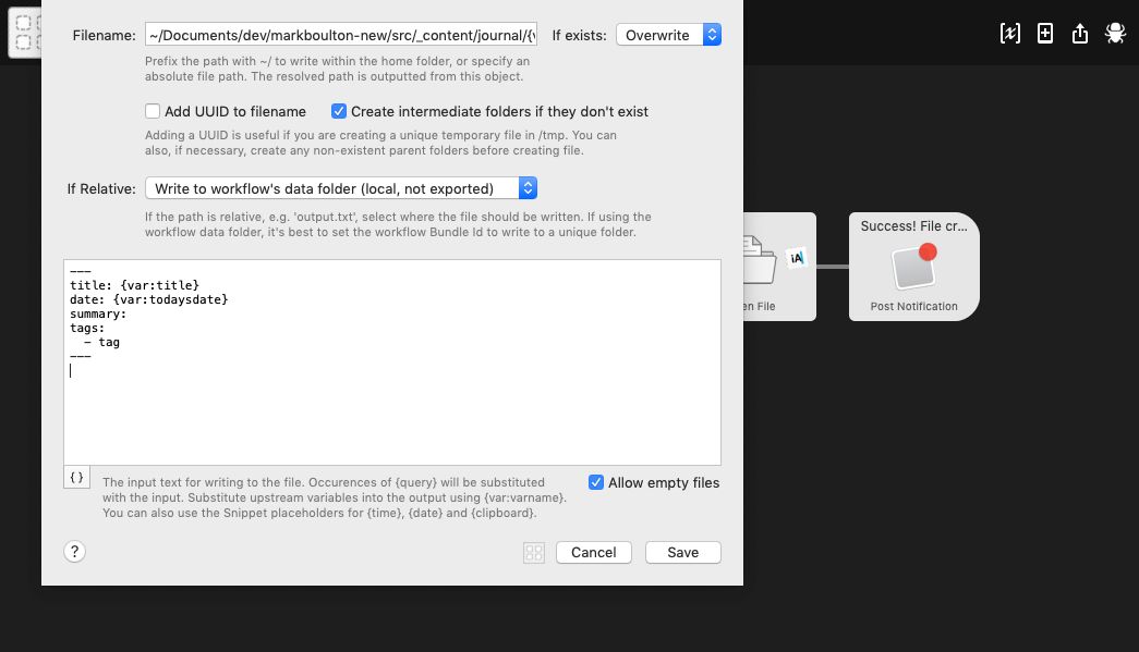 Alfred markdown file automation screenshot showing creation of new file