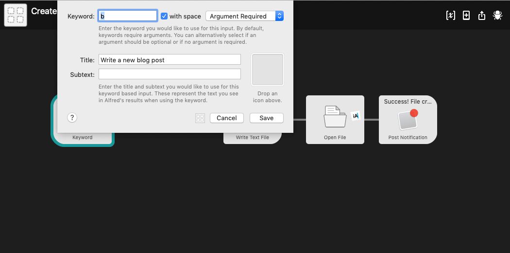 Alfred markdown file automation screenshot showing first element