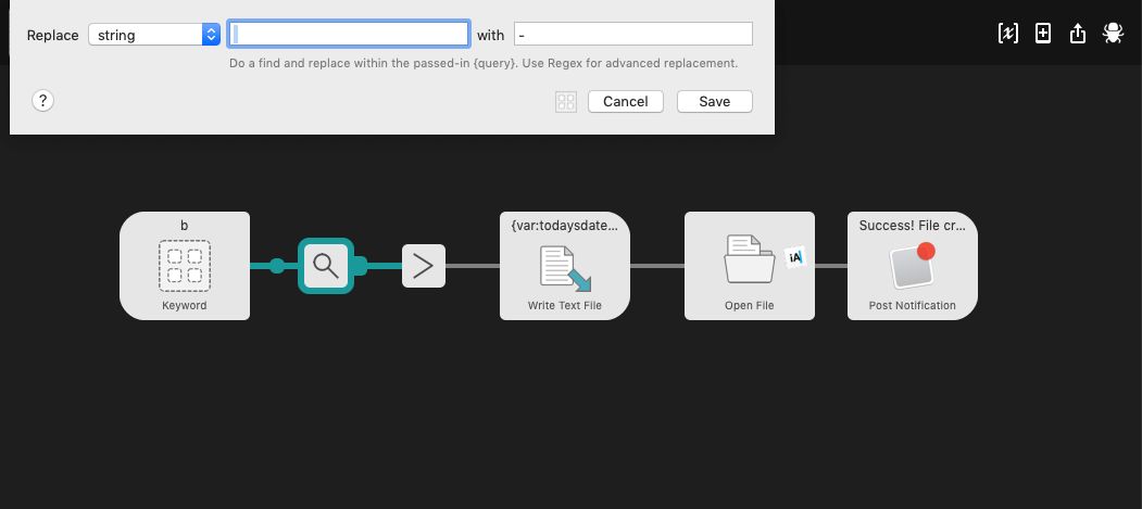 Alfred markdown file automation screenshot showing find and replace