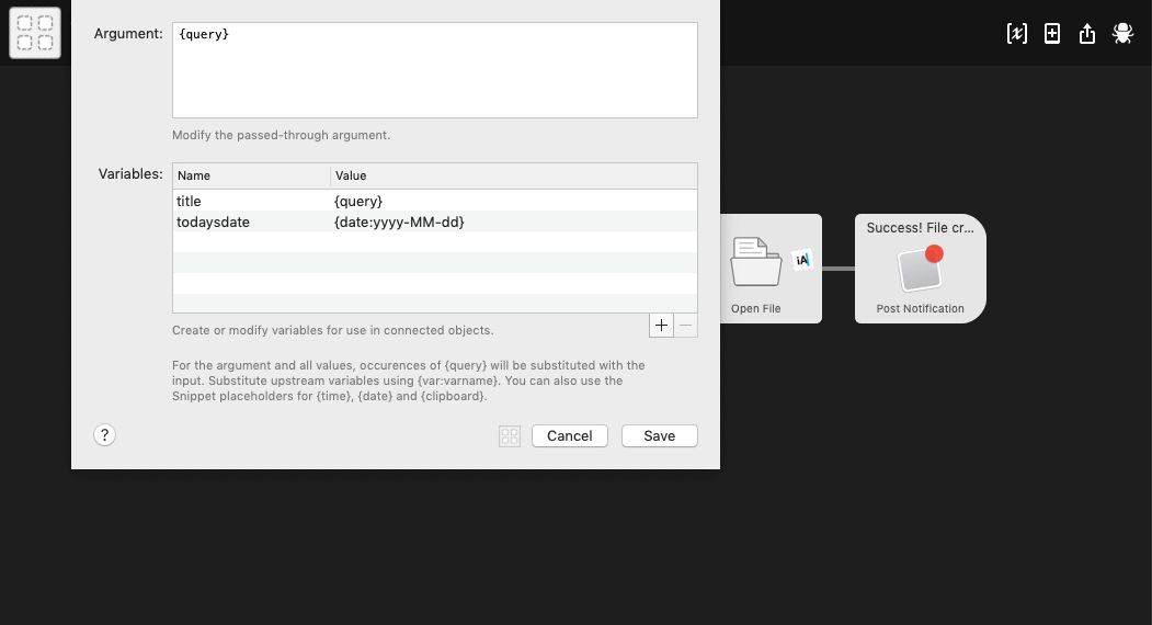 Alfred markdown file automation screenshot showing defining variables